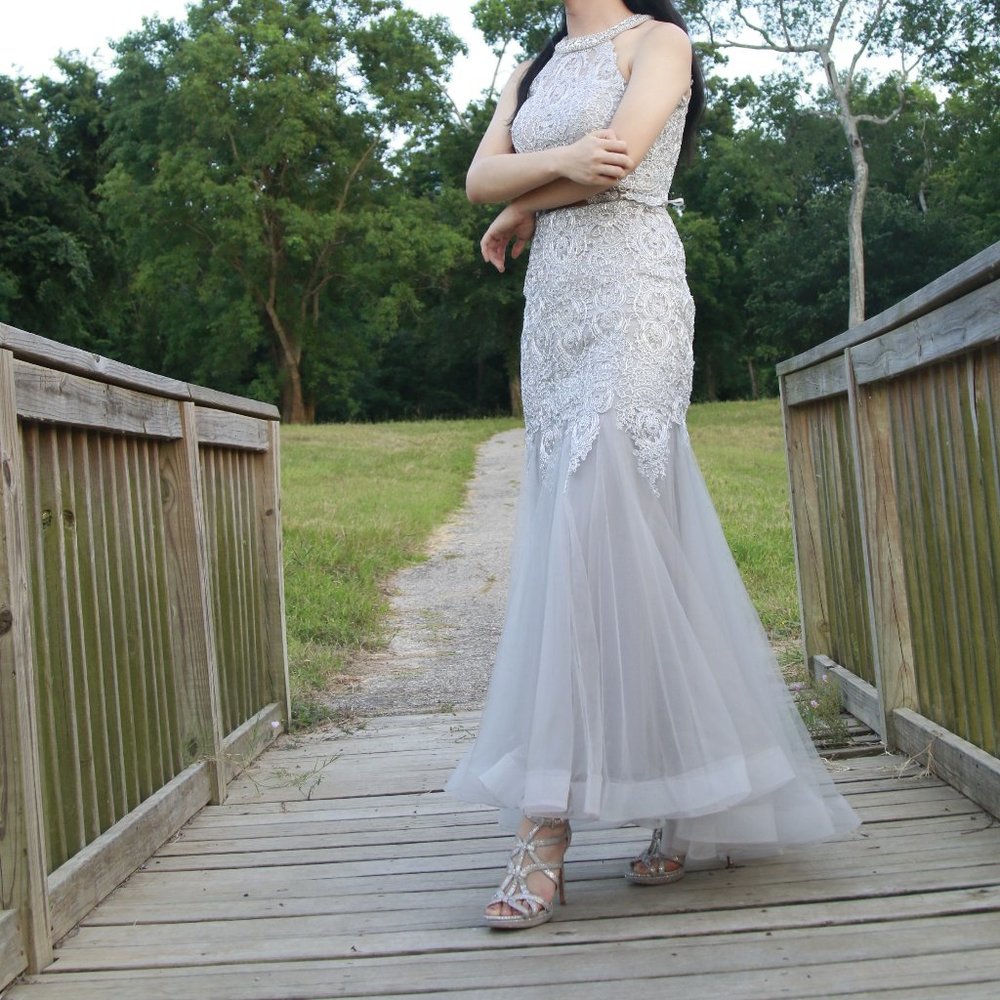 Dave and Johnny silver prom dress, size 4